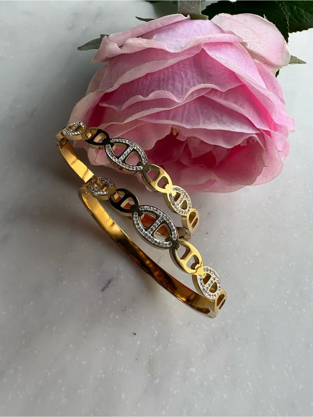 Gold-Tone Link Crystal open Bangle Bracelets.